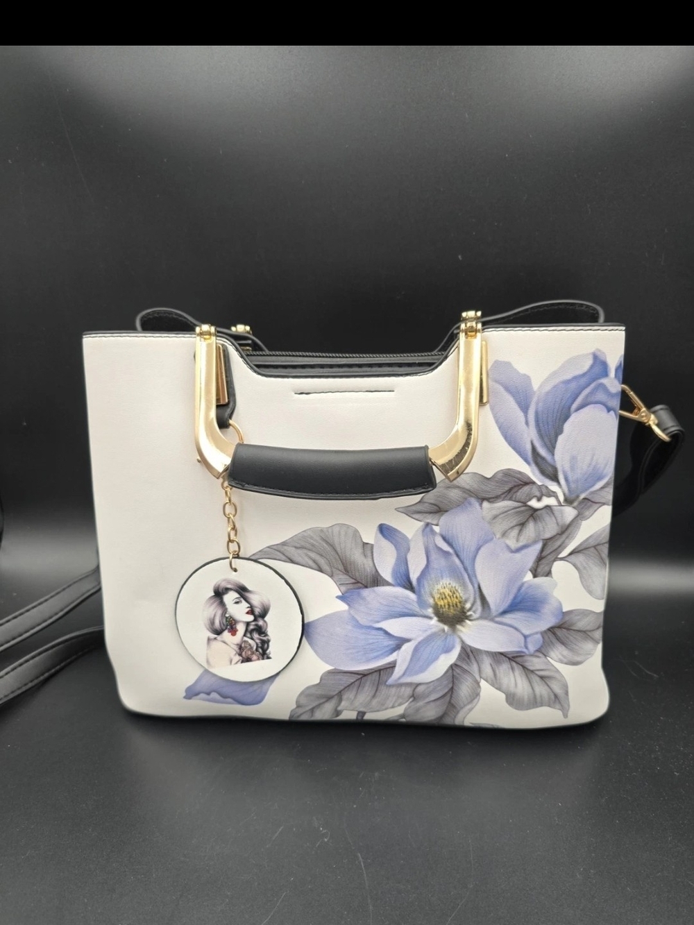 White Floral Tote with Gold Accents and Removable Charm